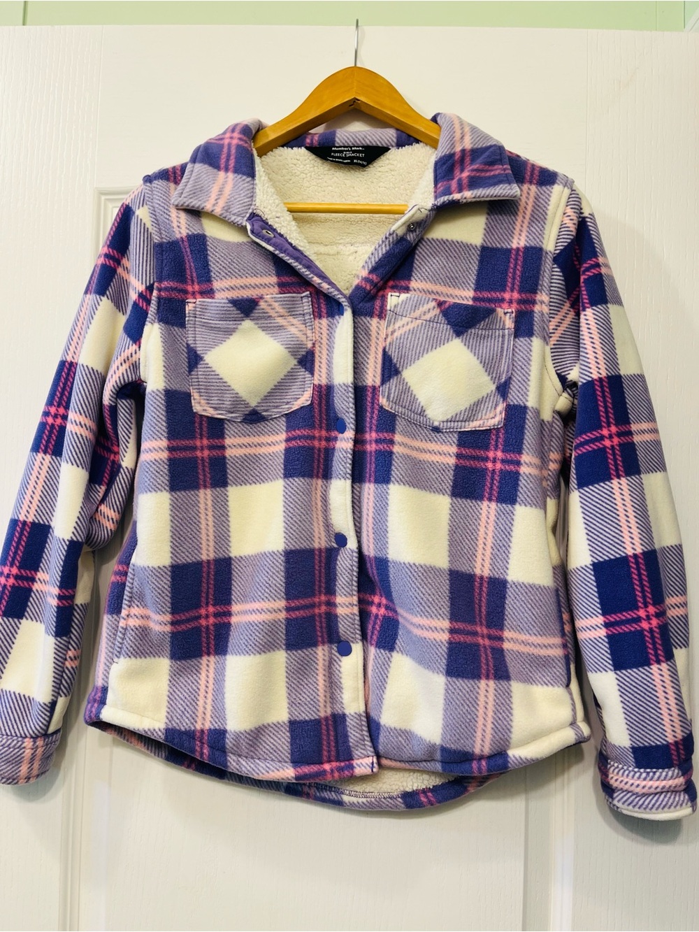 Plaid Sherpa-Lined Button-Up Jacket in Purple, Pink & Cream